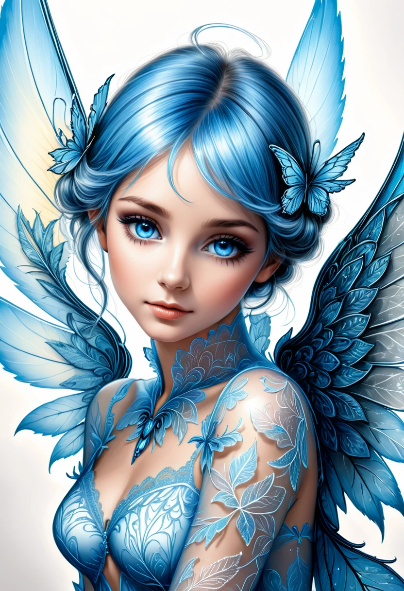 La feuille de dessin est posée sur le bureau , Dessin d’une ange 4D de style encre uhd époustouflante et à couper le souffle, dessin d’un ange 30ans heureuse aux yeux bleus électrique qui déploie ses ailes, ((ailes très détaillées en dentelle fractal qui sortent de la feuille)), effet holographique qui sort de la feuille de dessin, dessin extrêmement détaillé, hyperréaliste, Des détails sublimes. Un travail vraiment remarquable, travail joyeux et sensuel, (sublime poitrine effet push-up qui semble sortir de la feuille de dessin), (elle sort de la feuille de dessin, les ailes sortent de la feuille de dessin)