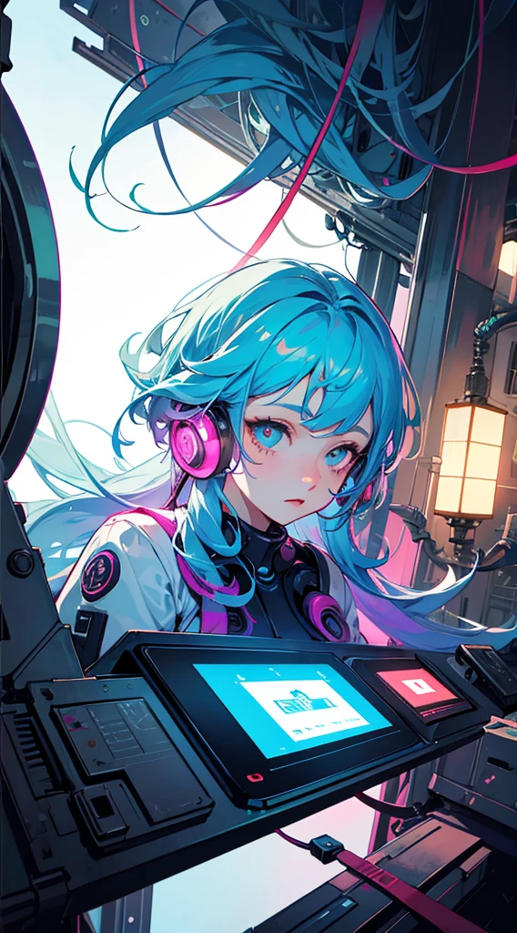 （（masterpiece））， （（Super detailed））， （（Highest quality））， Beautiful and delicate eyes， Detailed face， Best lighting， Best shade， 1 girl，Close-up of half sides，solo， （（Cyberpunk Style， Edge Light， Mechanical Arm，Holographic Aura，surreal sci-fi art，Futuristic sci-fi aesthetic，flat 2d style））， （（The main colors are purple and green））， Large capacity disk， （Girl in the screen：1.5），Mobile Paradise，Orange bulb，A world made up of mobile phones，game pad，Laptop，VR Glasses，Virtual Screen， freckles， cold nose， （（（Bubble）））， figure，Japanese Style， （Very detailed）， Swirl effect，