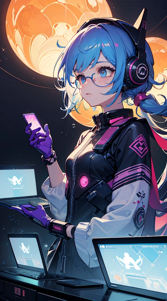 （（masterpiece））， （（Super detailed））， （（Highest quality））， Beautiful and delicate eyes， Detailed face， Best lighting， Best shade， 1 girl，Close-up of half sides，solo， （（Cyberpunk Style， Edge Light， Mechanical Arm，Holographic Aura，surreal sci-fi art，Futuristic sci-fi aesthetic，flat 2d style））， （（The main colors are purple and green））， Large capacity disk， （Girl in the screen：1.5），Mobile Paradise，Orange bulb，A world made up of mobile phones，game pad，Laptop，VR Glasses，Virtual Screen， freckles， cold nose， （（（Bubble）））， figure，Japanese Style， （Very detailed）， Swirl effect，