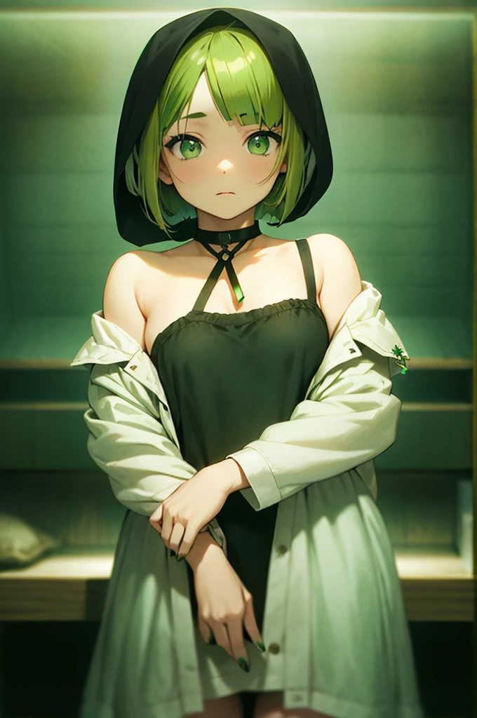 ​masterpiece、Background with（（Fantastic starry sky、kosmoeteor swarm、(((((green bob hair)))),((((bob hair cut)))), ((((green eyes))), ((black nail polish))))Luminescent yellow flowers all over the place、flower  field））、About 30 years old、a beauty girl、glamor、huge ti so big that it almost overflows from your clothes、Great embroidery on a yellow mini dress with a lot of exposed skin、No Shoulder、Exposing the chest、Taking it off、She wears her hair in a beautiful floral ornament、heavy wind、pantiy、Underwear is visible