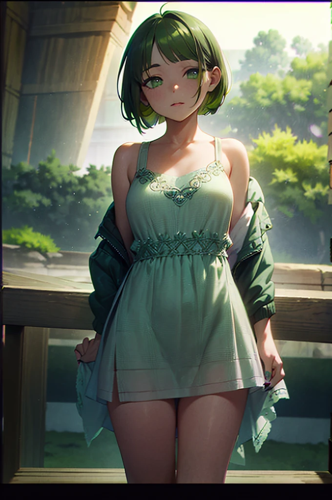 masterpiece、Background with((Fantastic starry sky、kosmoeteor swarm、(((((green bob hair)))),((((bob hair cut)))), ((((green eyes))), ((black nail polish))))Luminescent yellow flowers all over the place、flower field))、About 30 years old、a beauty girl、glamor、huge ti so big that it almost overflows from your clothes、Great embroidery on a yellow mini dress with a lot of exposed skin、No Shoulder、Exposing the chest、Taking it off、She wears her hair in a beautiful floral ornament、heavy wind、pantiy、Underwear is visible
