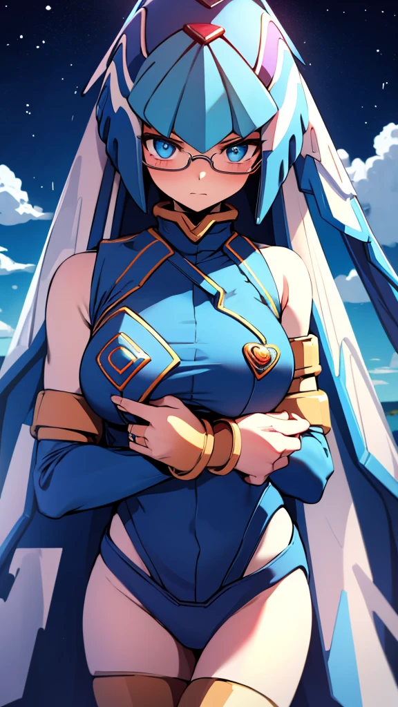 Leviathan_Megamanz, 1 Girl ,Looking at the viewer , blue hair, Blue eyes,Clouds background , Blushed , , Wedding ring, Glasses
