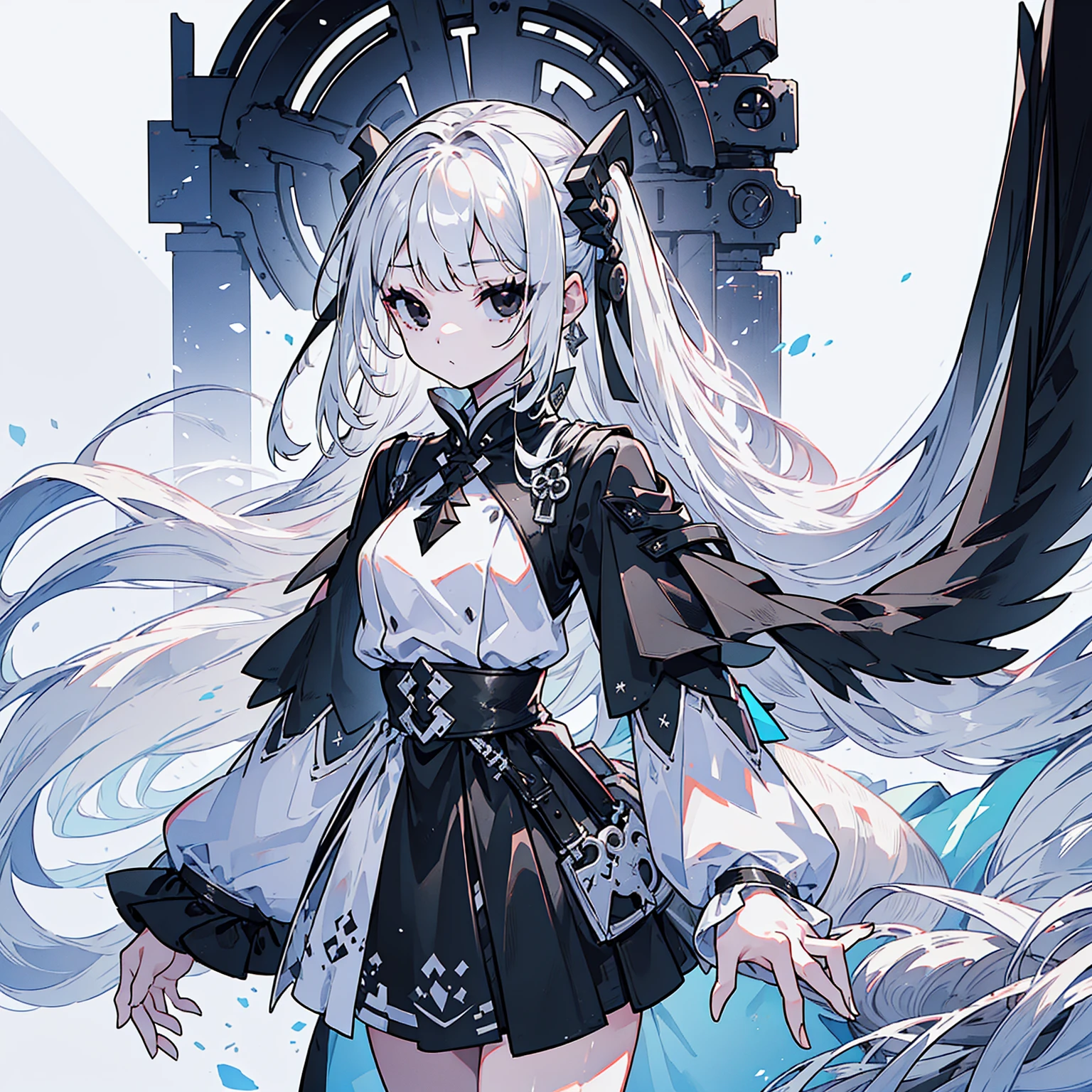 (Top image quality)、(Ultra Detailed)、(Facing forward)、top quality、masterpiece、((((1 girl))))、Silver Hair、white hair、((Long hair))、(black eyes:1.6)