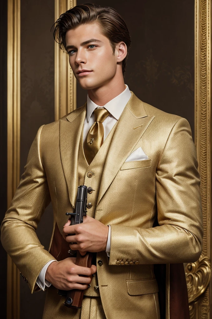 ((best quality)), ((masterpiece)), (detailed), perfect faceA fit handsome rich white boy in suit and gold locket in neck . Holding a advanced long rifle gun
in hand