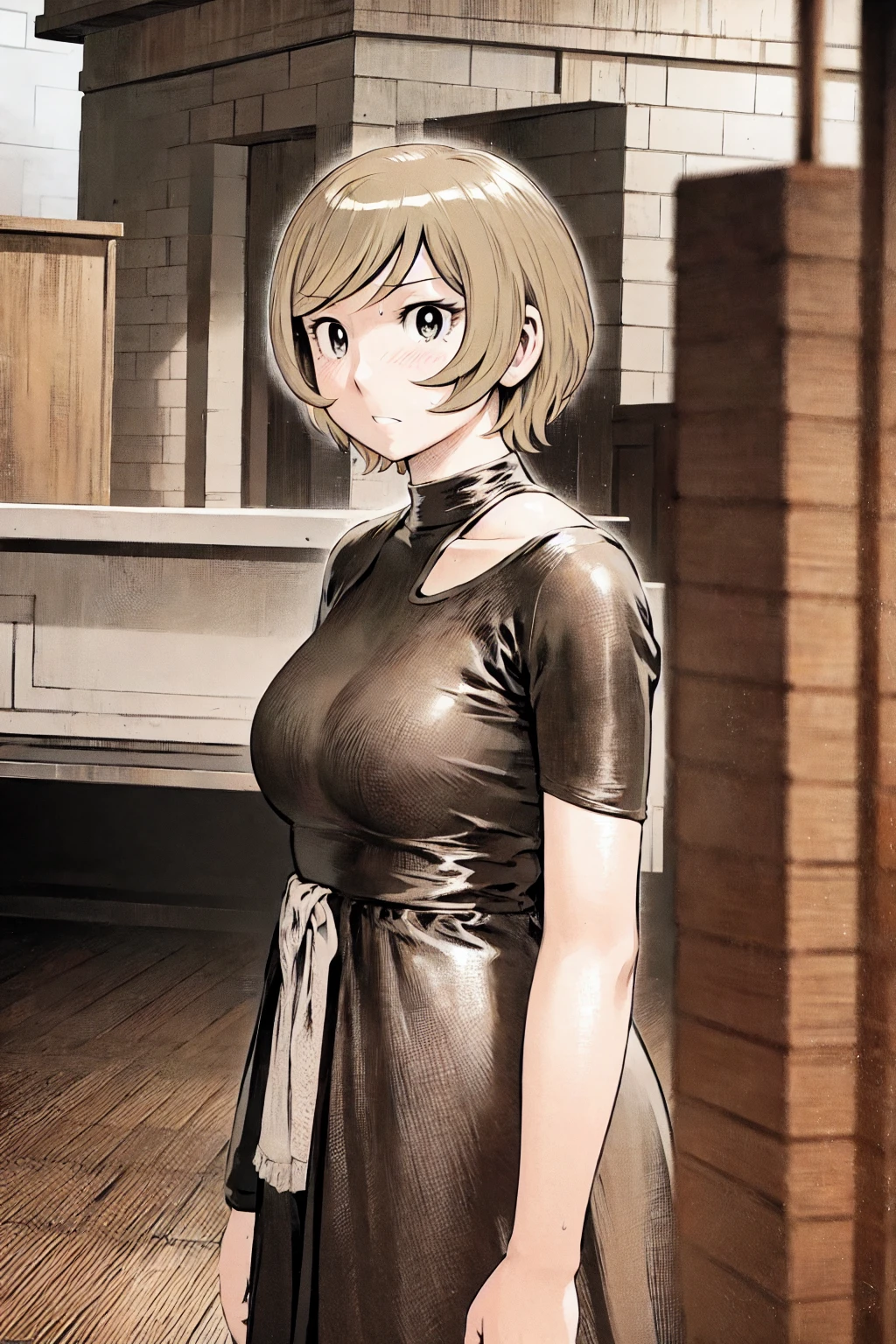 、(masterpiece、Highest quality)、Highest quality, Ultra-high resolution, (((masterpiece))), alone, Sweat、Big eyes, No sleeve、Outdoor、Floral dress、Composition from the front、(Cut the back hair short、short hair、blonde、woman)、Shortcuts、Embarrassed face、Cut your hair short、可愛いwomanの子、Big Breasts、NSFW