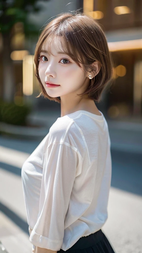 Woman standing upright facing the camera、lightly dressed、exposed、thin white shirt、(highest quality,masterpiece:1.3,超A high resolution,),(super detailed,caustics),(Photoreal:1.4,RAW shooting,)ultra-realistic capture,very detailed,High definition 16K for human skin、 Natural skin texture、、Skin looks even-toned and healthy、 Use natural light and color,one woman,Japanese,,cute,pink haired,middle hair,(Depth of the bounds written、chromatic aberration、、wide range of lighting、natural shading、)、(Outdoor lights during daytime:1.4)、(hair swaying in the wind:1)、short hair、hair ornaments、Put on your ears