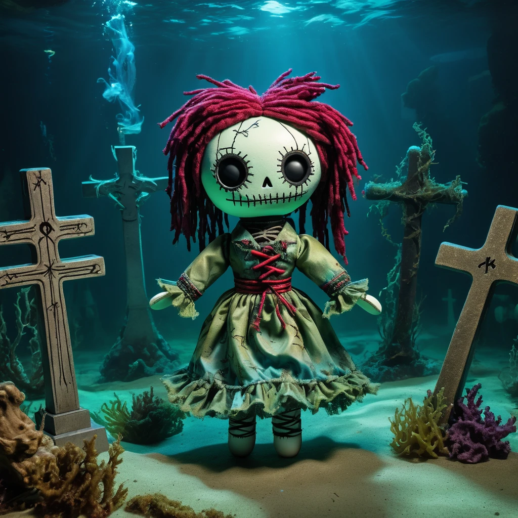 (knitted toy voodoo doll:1.5), (Voodoo Doll in a Submerged Graveyard:1.3), (Clothing: spectral attire with water patterns:1.0), (Accessories: enchanted anchor emitting an underwater glow, floating submerged gravestones:1.1), (background: eerie underwater graveyard with swaying seaweed, sunken tombstones, and a ghostly presence:1.2), best quality, masterpiece, detailed soft oil painting, detailed background, dramatic cinematic lighting, soft edge lighting, professional, dramatic lighting, hard edge lighting,
ultra quality, 4k,masterpiece, best quality, 8k, ultra highres, highres, extremely detailed