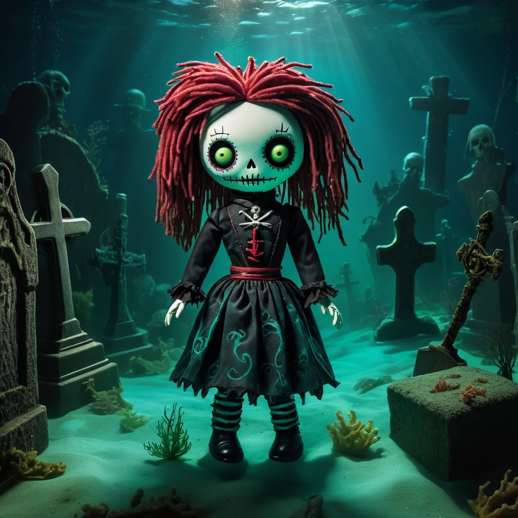 (knitted toy voodoo doll:1.5), (Voodoo Doll in a Submerged Graveyard:1.3), (Clothing: spectral attire with water patterns:1.0), (Accessories: enchanted anchor emitting an underwater glow, floating submerged gravestones:1.1), (background: eerie underwater graveyard with swaying seaweed, sunken tombstones, and a ghostly presence:1.2), best quality, masterpiece, detailed soft oil painting, detailed background, dramatic cinematic lighting, soft edge lighting, professional, dramatic lighting, hard edge lighting,
ultra quality, 4k,masterpiece, best quality, 8k, ultra highres, highres, extremely detailed