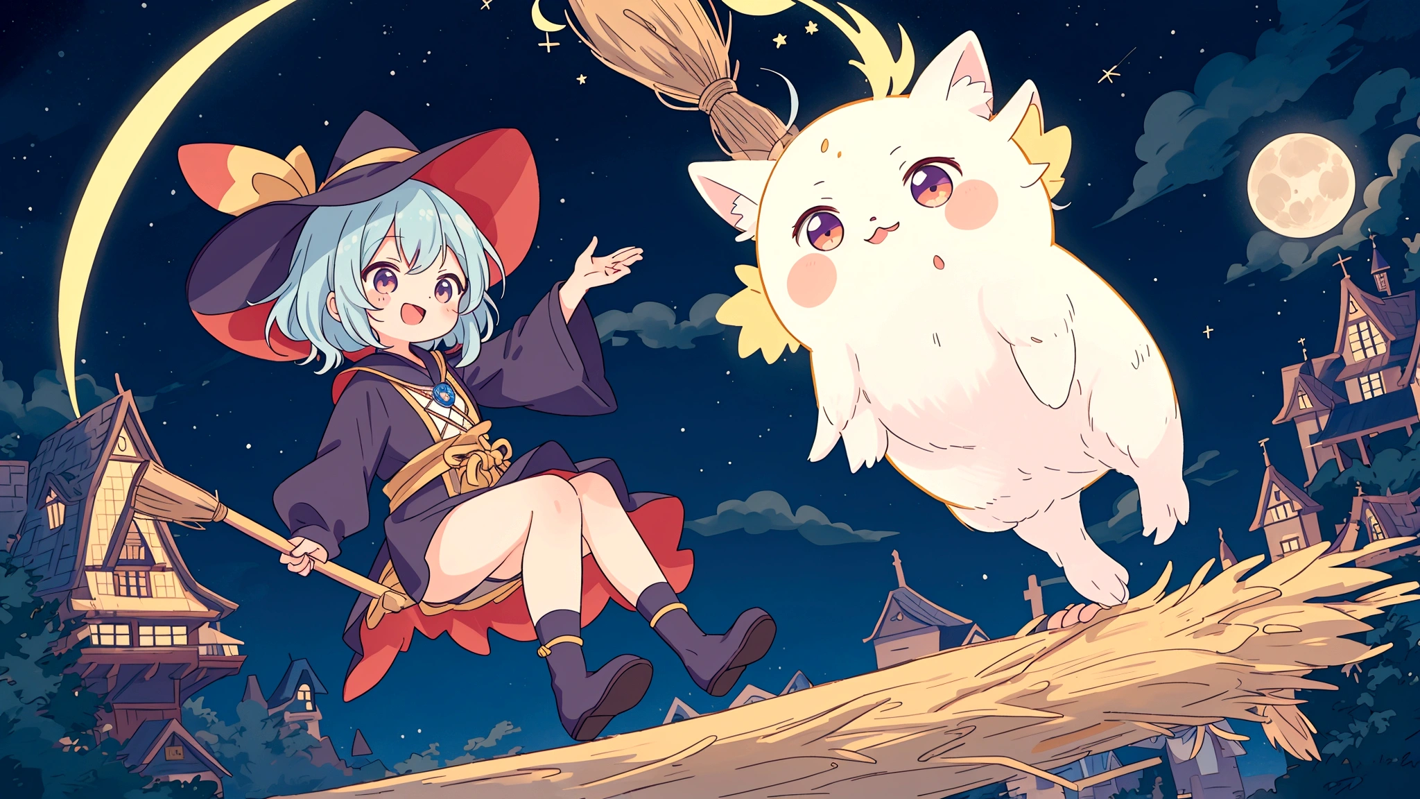 An image depicting a mischievous witch in an anime style, riding a broom through the night sky. She has a playful expression, with her full body shown against a backdrop of twinkling stars and a glowing moon. The scene captures the whimsical and magical essence of a witch soaring through the sky, creating an enchanting and lively atmosphere. 背景は夜空に満月が一tとお星様が2t、きらきらのエフェクトはいかなる場合でもtけないこと,Light blue long hair、ロングスカートに右手で杖を持t、The left hand is placed on the broom