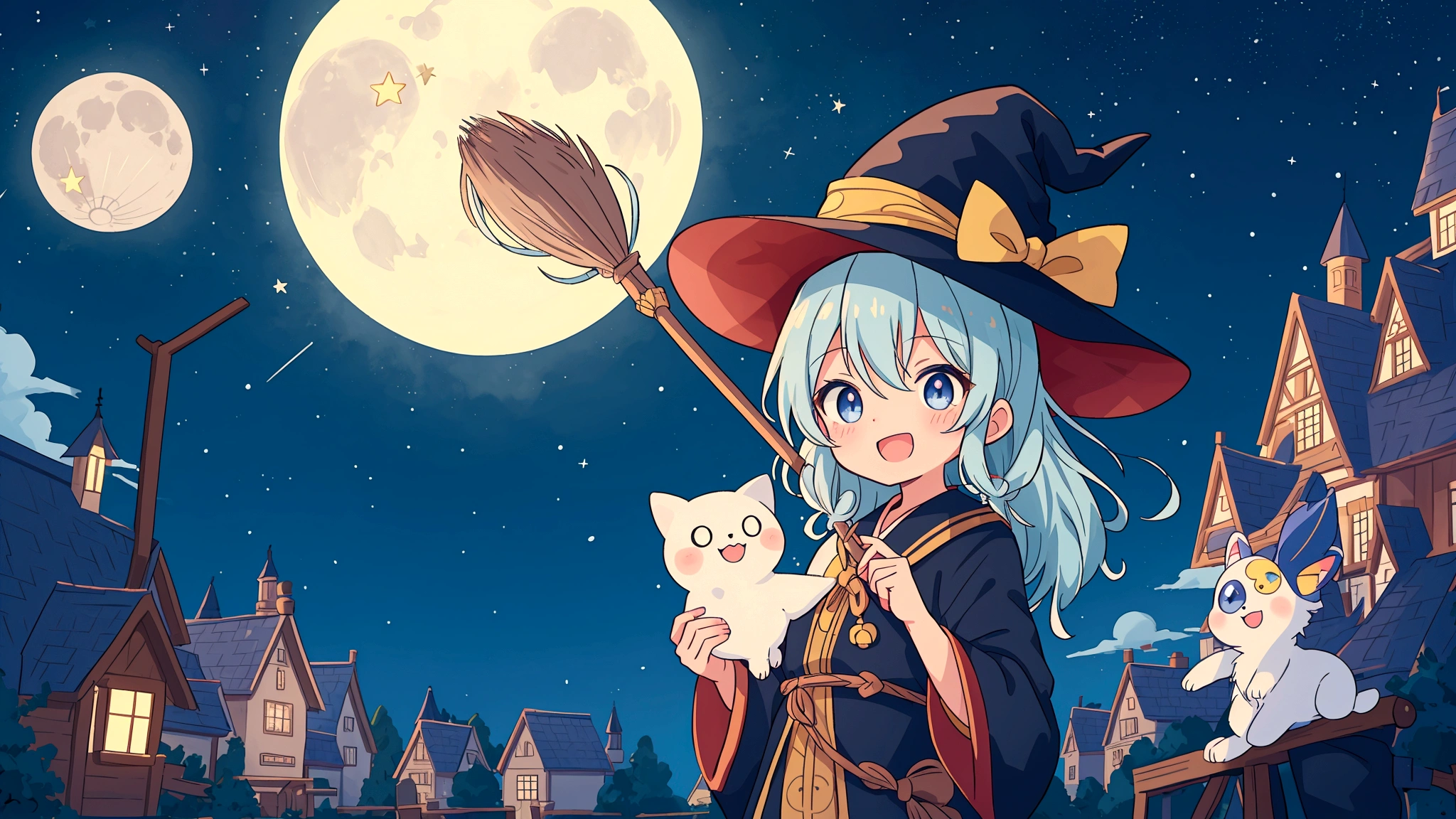 An image depicting a mischievous witch in an anime style, riding a broom through the night sky. She has a playful expression, with her full body shown against a backdrop of twinkling stars and a glowing moon. The scene captures the whimsical and magical essence of a witch soaring through the sky, creating an enchanting and lively atmosphere. 背景は夜空に満月が一tとお星様が2t、きらきらのエフェクトはいかなる場合でもtけないこと,Light blue long hair、ロングスカートに右手で杖を持t、The left hand is placed on the broom