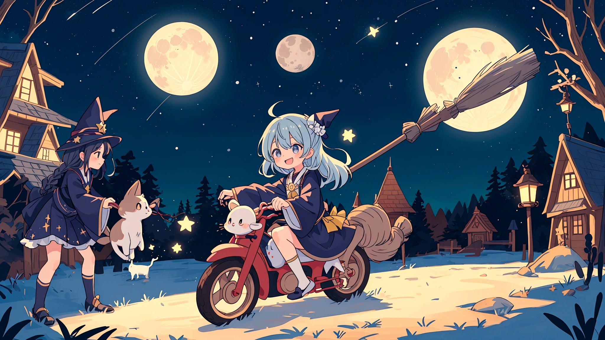 An image depicting a mischievous witch in an anime style, riding a broom through the night sky. She has a playful expression, with her full body shown against a backdrop of twinkling stars and a glowing moon. The scene captures the whimsical and magical essence of a witch soaring through the sky, creating an enchanting and lively atmosphere. 背景は夜空に満月が一tとお星様が2t、きらきらのエフェクトはいかなる場合でもtけないこと,Light blue long hair、ロングスカートに右手で杖を持t、The left hand is placed on the broom