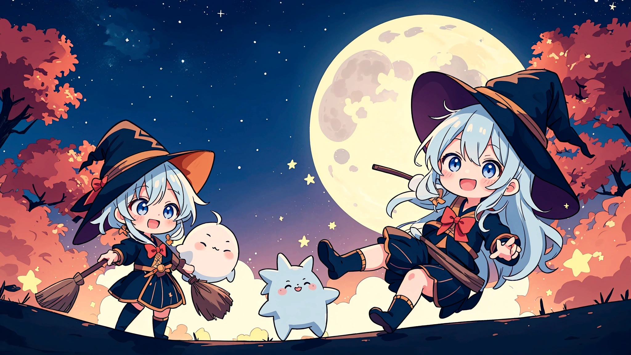 An image depicting a mischievous witch in an anime style, riding a broom through the night sky. She has a playful expression, with her full body shown against a backdrop of twinkling stars and a glowing moon. The scene captures the whimsical and magical essence of a witch soaring through the sky, creating an enchanting and lively atmosphere. 背景は夜空に満月が一tとお星様が2t、きらきらのエフェクトはいかなる場合でもtけないこと,Light blue long hair、ロングスカートに右手で杖を持t、The left hand is placed on the broom