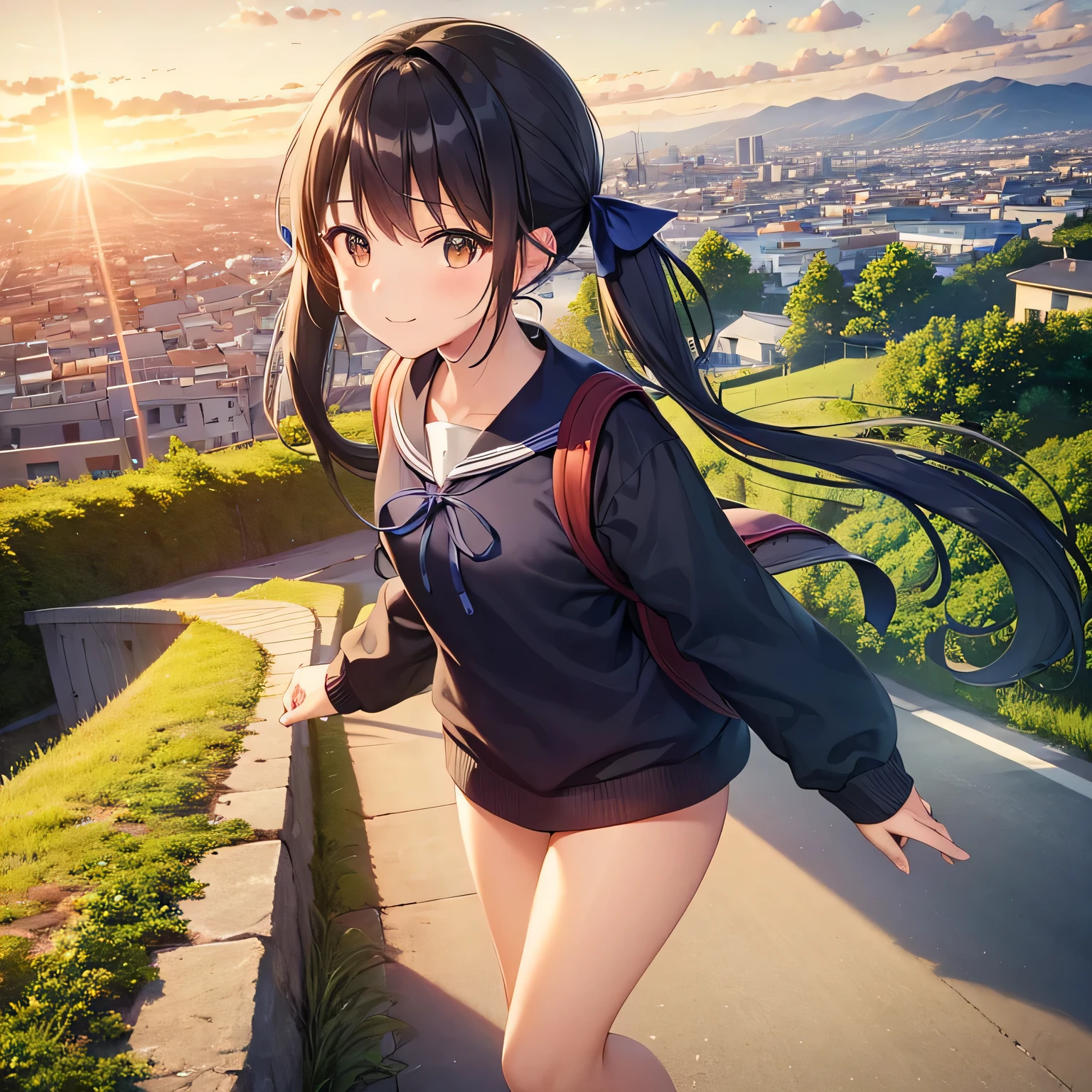 Highest quality, detailed, masterpiece, 1 Girl, Are standing, A kind smile, 15 years, (Low twin tails:1.4), Low pigtail, Black Hair, Long Hair, (Navy blue sailor suit with blue ribbon:1.2), Long sleeve, (Dark brown eyes), (school bag), break, from the front, From a small number, throw, alone, (Steep downhill), (A long slope and a straight road to the depths), Electric pole, electrical cables, City of hills, housing, Cityscape, Distant Sea, Nice view, 15 o'clock, Orange sky, animation