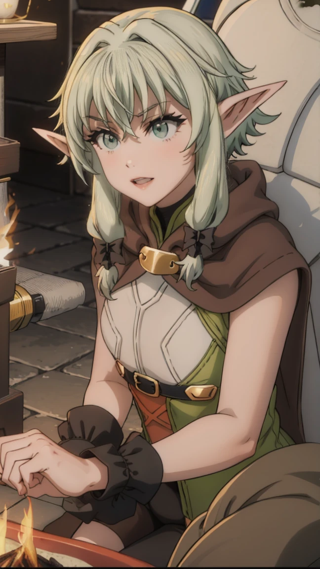 1 girl,20 years, Portrait of a girl, face accent, One,happy face,black and gold long dress,middle, erotica, nude, archery, holding a bow and arrow in his hands, green cloak and hood, elf archer from Goblin Slayer, White hair, sexy figure, very beautiful, erotica, long hair,yellow eyes,Elf Ears, black small horns,white tights,Detailed long boots,golden tiara,Luxurious gold jewelry,(((lying by the fire))) nature, open field, night,