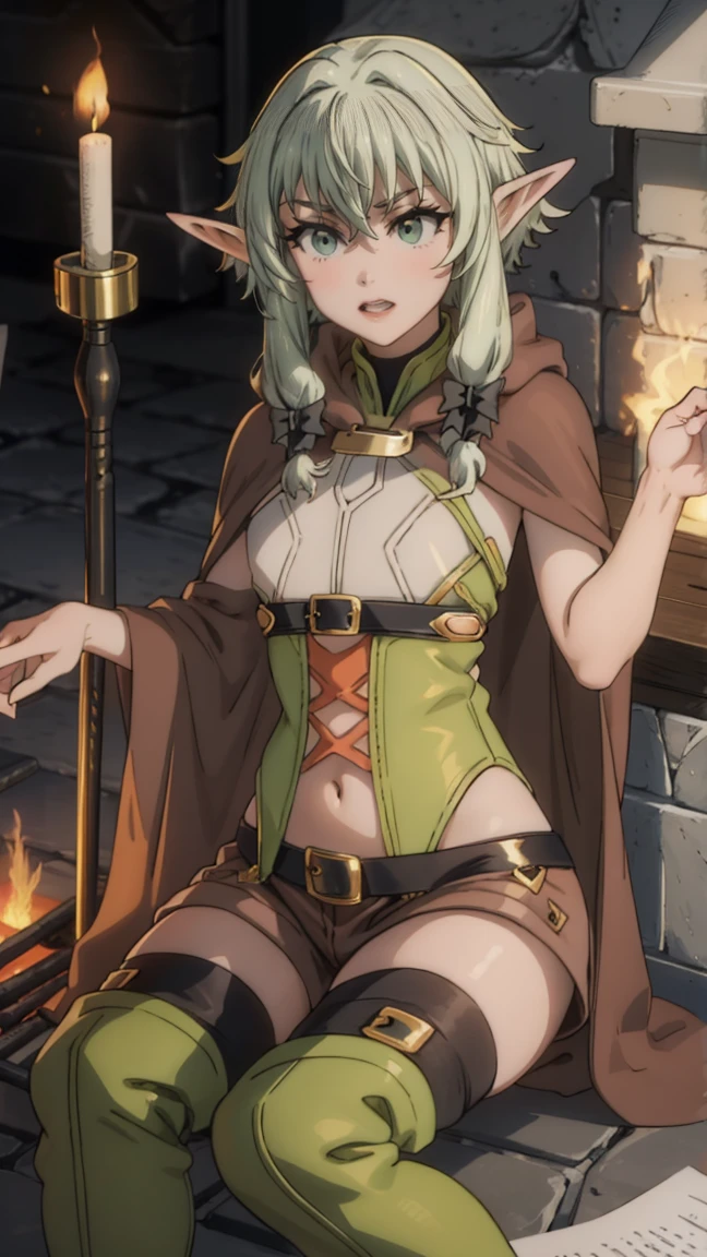 1 girl,20 years, Portrait of a girl, face accent, One,happy face,black and gold long dress,middle, erotica, nude, archery, holding a bow and arrow in his hands, green cloak and hood, elf archer from Goblin Slayer, White hair, sexy figure, very beautiful, erotica, long hair,yellow eyes,Elf Ears, black small horns,white tights,Detailed long boots,golden tiara,Luxurious gold jewelry,(((lying by the fire))) nature, open field, night,