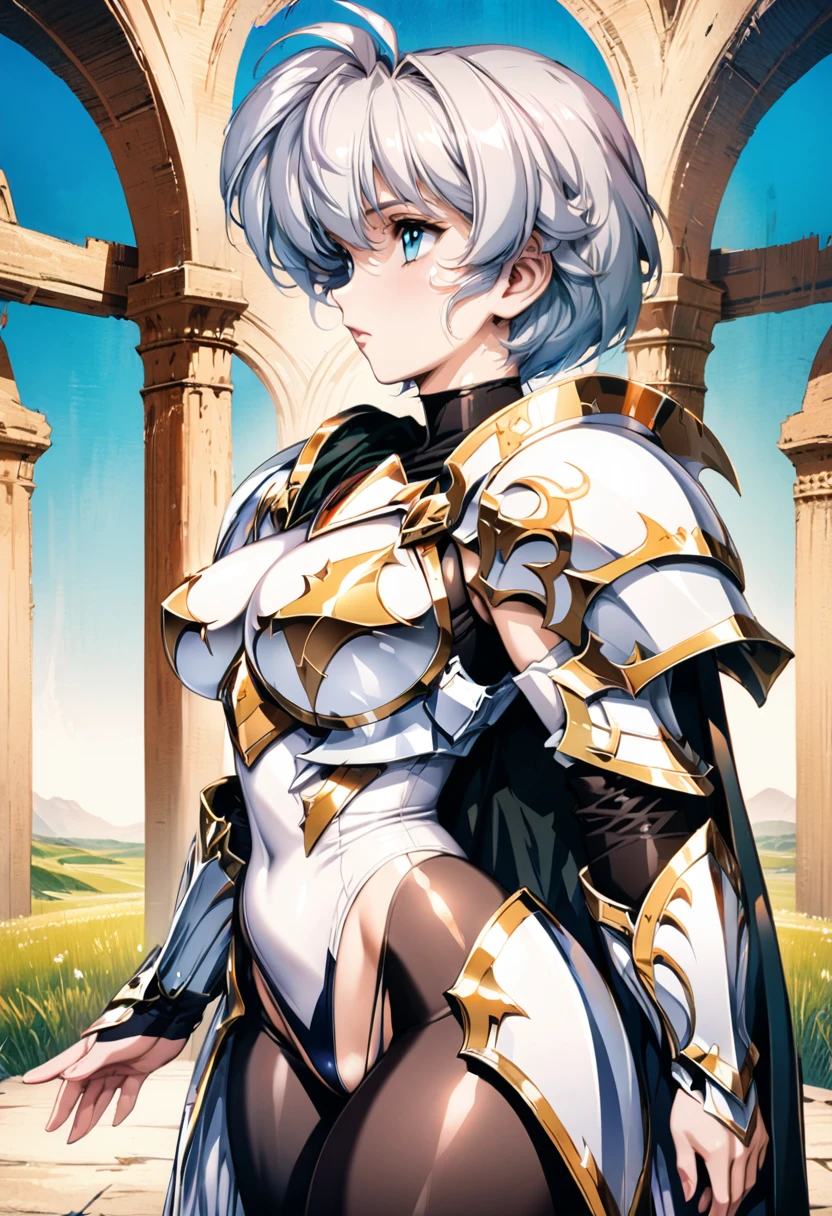 ((highest quality)), ((masterpiece)), ((hyperrealistic)), (detailed background), shoot from side, anime style, solo, 1girl, langrisser sherry, ((curvy: 1.2)), kawaii, ((fantasy armor: 1.3)), silver short hair, ahoge, (white paladin armor), ((thong leotard bodysuit)), ((large breasts)), ((arm guard gauntlet)), (breastplate), ((see-through black bodystocking)), (big butt), perfect cloak, beautiful aqua eyes, perfect face, Perfect hands, perfect fingers, Blue sky and grassland,