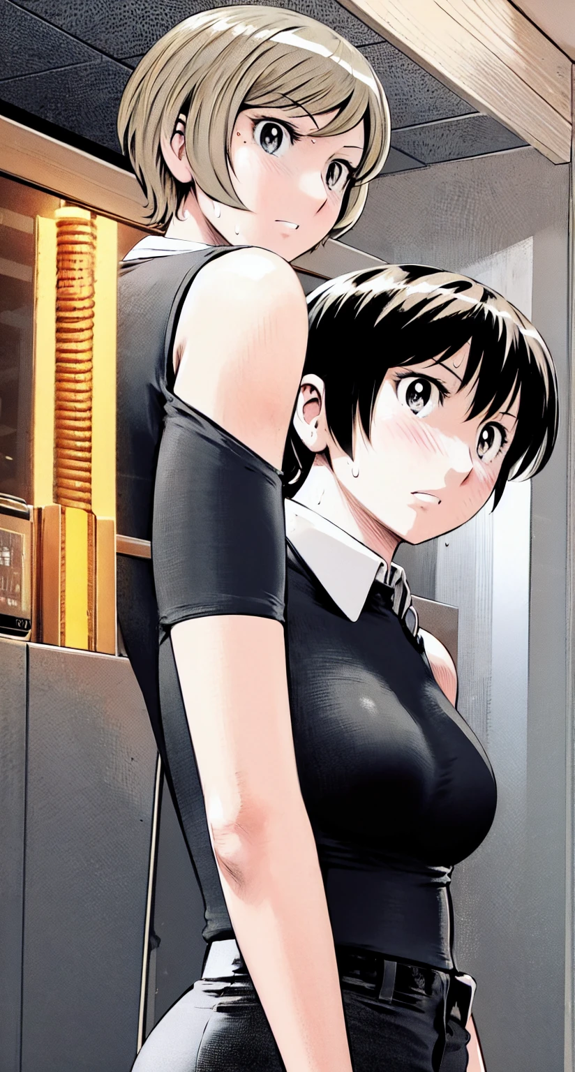、(masterpiece、Highest quality)、Highest quality, Ultra-high resolution, (((masterpiece))), alone, Sweat、Big eyes,office、Tight white dress shirt、Tight black suit、Tight black pants、indoor、Composition from the front、（Cut the back hair short、short hair、blonde、woman）、Shortcuts、Embarrassed face、Cut your hair short、可愛いwomanの子、Big Breasts
