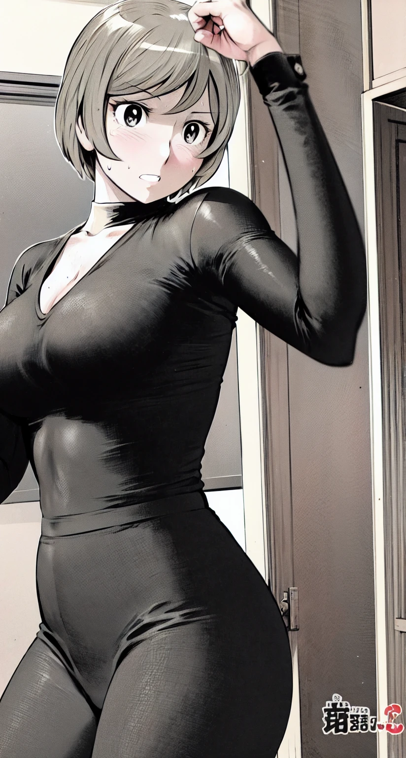 、(masterpiece、Highest quality)、Highest quality, Ultra-high resolution, (((masterpiece))), alone, Sweat、Big eyes,office、Tight white dress shirt、Tight black suit、Tight black pants、indoor、Composition from the front、(Cut the back hair short、short hair、blonde、woman)、Shortcuts、Embarrassed face、Cut your hair short、可愛いwomanの子、Big Breasts