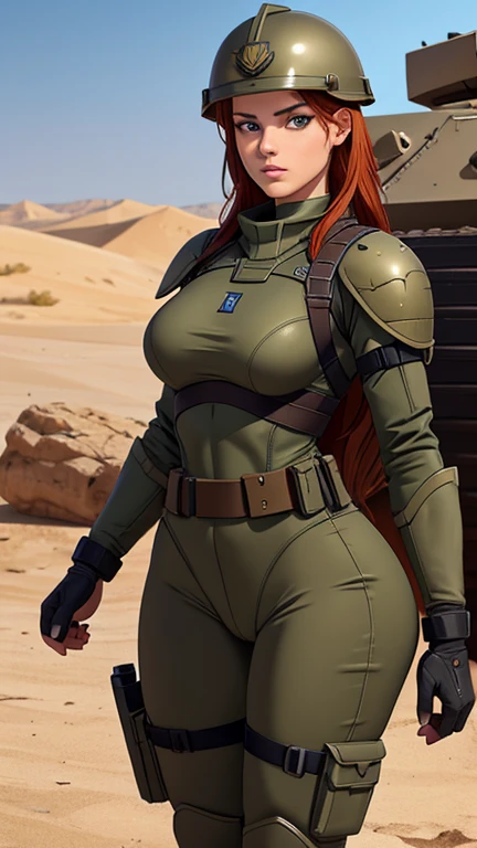 1woman 20 years old, sculpted, israel military woman, wearing a soldier helmet, beautiful, beautiful face, beautiful light grey eyes, perfect body, realistic, red hair, perfect body, thin waist, tight round ass, perfect ass, full outfit, wide hips, large round breasts, slim thighs, desert village background, armored vehicle, grey camouflaged uniform, wealth of details, tight panties marking on the front, head to toe, highly detailed, high resolution, prefect hands