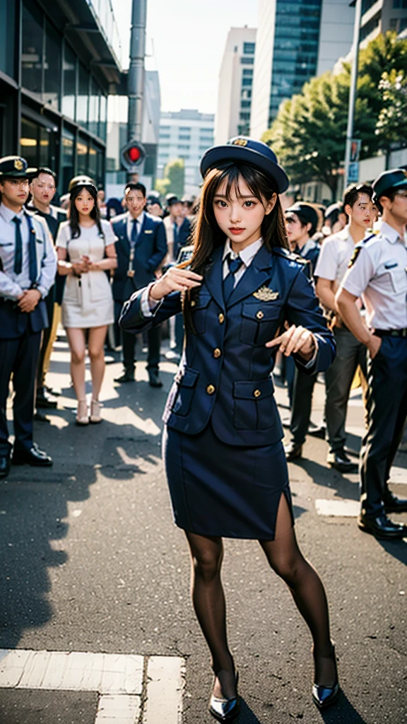 Highest quality、masterpiece、8K、Realistic、超High resolution、Very delicate and beautiful、High resolution、Cinema Lighting、medium range shooting、Portraiture、Perfect female body、Beautiful woman、Mature Woman、Put your hands on your head、View your viewers、((Standing position:1.6))、Medium chest、Cityscape、(Short Bob、Brown Hair)、((Female police officer:1.4、uniform、limited cap、uniformのボタン、tie、uniformのジャケット))、Police Vehicles、Baton、handcuffs、wireless、Best、Leather shoes、Name tag、uniformのパッチ、防弾Best、Police Badge、skirt、boots、gun、Police Badge、Epaulettes、uniformのskirt