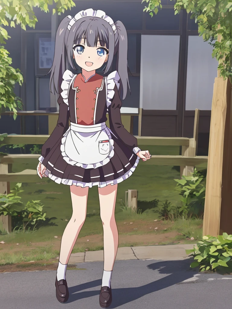(masterpiece:1.2), best quality, highres, original, (extremely detailed:1.2), ultra-detailed, wallpaper, perfect lighting,(extremely detailed CG:1.2), 8k, anime illustration, 1boy, solo, cute, kawaii, crossdressing, (twin tails, light-blue eyes, flat chest, open the mouth, laughing, happy:1.2), (Chinese-style maid outfit, apron, ruffles hemline, knee-length dress:1.3), standing in front of the camera, frontal, looking at viewer, (anatomically correct:1.5), outdoor, full body nsfw show panties