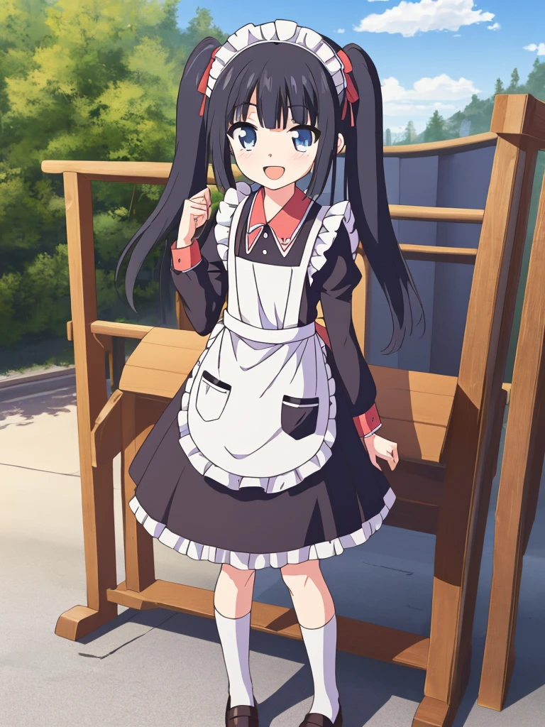 (masterpiece:1.2), best quality, highres, original, (extremely detailed:1.2), ultra-detailed, wallpaper, perfect lighting,(extremely detailed CG:1.2), 8k, anime illustration, 1boy, solo, cute, kawaii, crossdressing, (twin tails, light-blue eyes, flat chest, open the mouth, laughing, happy:1.2), (Chinese-style maid outfit, apron, ruffles hemline, knee-length dress:1.3), standing in front of the camera, frontal, looking at viewer, (anatomically correct:1.5), outdoor, full body nsfw show panties
