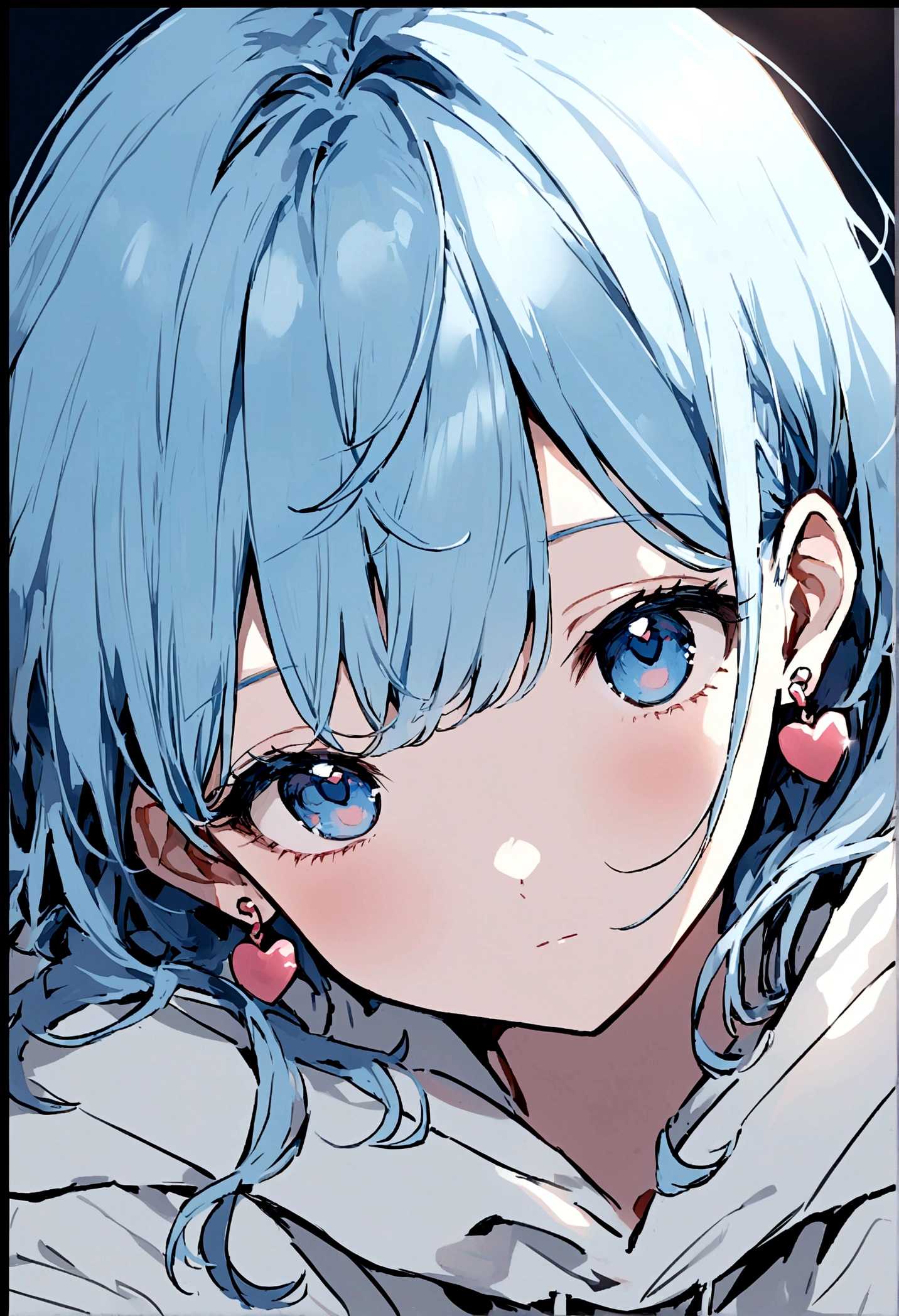 Light blue hair、lattice、blue eyes、look at me、Expressionless、Place your elbows on the ground、Heart Earrings、White hoodie、Black border、Face close-up、girl