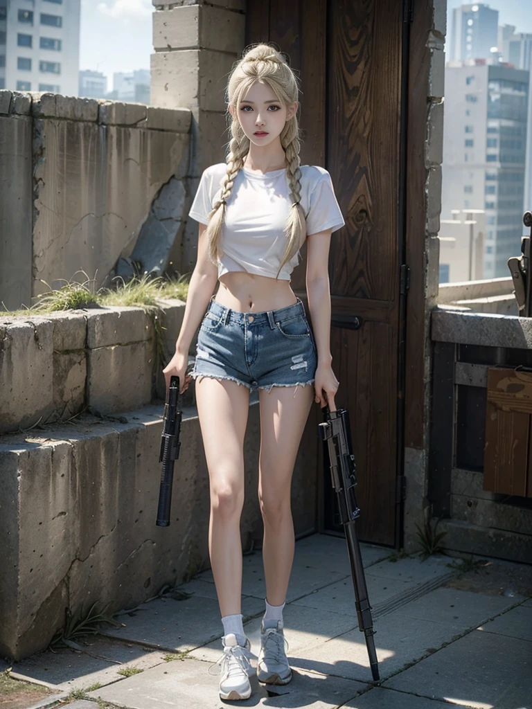 (8K、original photo、Top quality、masterpiece:1.2)、(Realist、Photorealistic:1.37)、Ultra Detailed、Ultra-high resolution、Monster Heroine、 Wearing white navel-baring short-sleeved,Blue denim super shorts,sports shoes,A girl with blonde hair and two braids walks through the ruins、Full body close-up,Turn your back to the audience,building crumbling、Burning flame、White skin、Smooth skin、Extremely beautiful face、Dynamic Angle、Dynamic Lighting,(Holding weapon, Holding rifle, Purposeing, Purpose:1.2), gun, H&k hk416, 马gun, Fire,