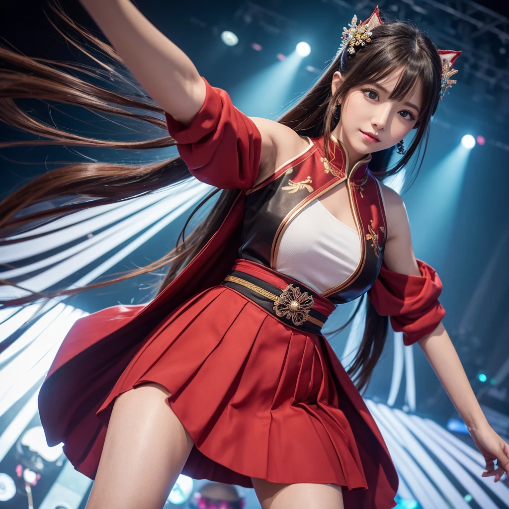 16K, 8k upscale, photorealistic, ultra detailed, best quality, masterpiece, perfect anatomy, lora:yaeSarahMultiverseSoulRays_v2:1,
a stunningly beautiful female announcer with long silky hair, holding a microphone, wearing an elegant dress that hugs her perfect figure, standing in a professional studio with stage lights illuminating her, looking directly at the camera with a warm and welcoming expression, style inspired by Sarah Essen Hosking and Yae Miko from Genshin Impact