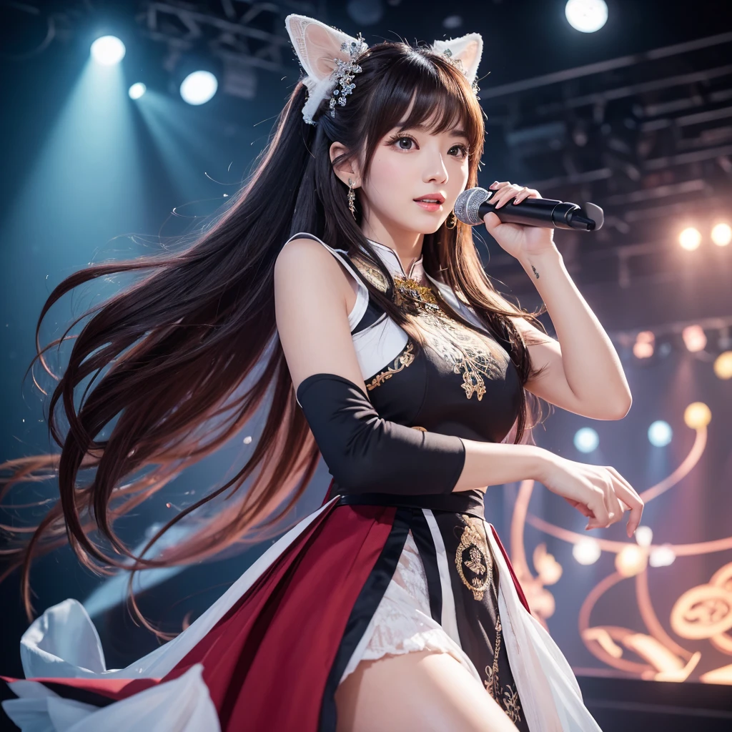 16K, 8k upscale, photorealistic, ultra detailed, best quality, masterpiece, perfect anatomy, lora:yaeSarahMultiverseSoulRays_v2:1,
a stunningly beautiful female announcer with long silky hair, holding a microphone, wearing an elegant dress that hugs her perfect figure, standing in a professional studio with stage lights illuminating her, looking directly at the camera with a warm and welcoming expression, style inspired by Sarah Essen Hosking and Yae Miko from Genshin Impact