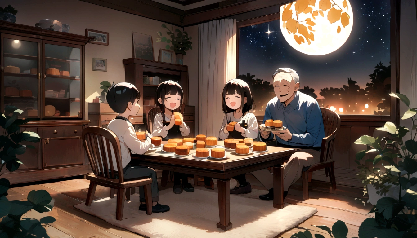 (Highest quality、8K、masterpiece:1.3)、Full moon and stars in the sky illustration,A family sits together and eats mooncakes,Mom and Dad laugh together with their kids,Place it in the living room、Bright house scene,Highly detailed face and skin,Heartwarming scene,Perfect detail