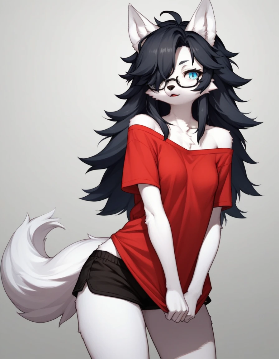Solo, score_9,score_8_up,score_7_up, kemono style, a young nerdy Anthro furry wolf woman, wolf snout, white furry body, tall, long black messy hair, black hair, hair in a pony tail, hair covering one eye, white wolf tail, blue eyes, white wolf ears, white wolf tail, small breasts, wearing oversized red shirt, exposed shoulder, black thick rimmed glasses, black short shorts