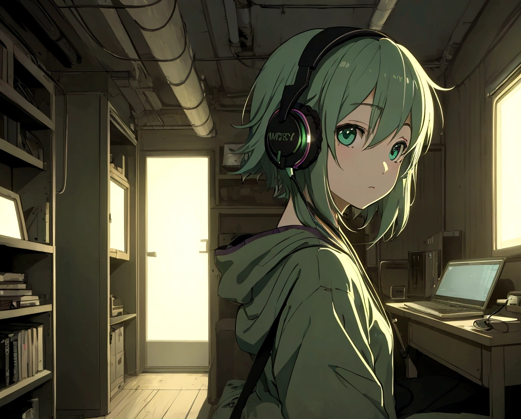 night、Girl listening to music in a cozy room, Use green headphones, 2D anime style, Lo-Fi, hard disk, Dark Environment、Staying calm