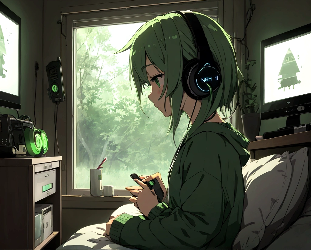 night、Girl listening to music in a cozy room, Use green headphones, 2D anime style, Lo-Fi, hard disk, Dark Environment、Staying calm