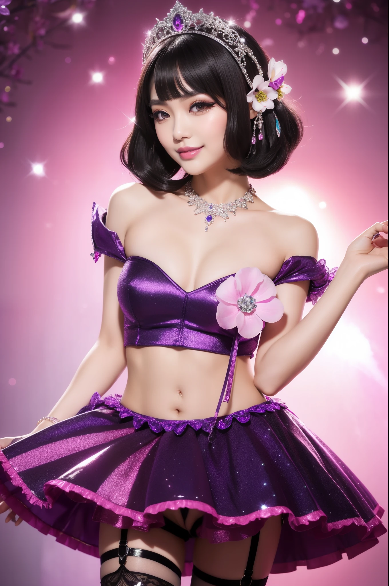 beautiful Thai model who controls poison、beautiful smile、lipgloss、long lashes、smokey eyeshadow、eyeliner、defined brows、look at the camera、full body Esbian、、sparkling poisoned flower costume、、、、sparkling Colorful short hair、secrete poison、skull hair accessories、garter belt tights、shiny sparkling flowers background