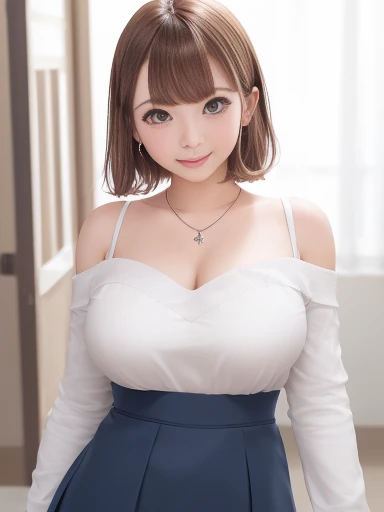 Junior-chan, Junior-chan, hair ornaments, Hair Clip, Mole, Mole under eye, short hair, Brown Hair, blue eyes, (Large Breasts:1.2),Captivating smile,
break wariza, Reaching out, White Skirt, strapless off shoulder, necklace, Field, Garth,
break looking at viewer,Are standing, Leaning forward, Put your arms behind your back,
break indoors, office,
break (masterpiece:1.2), Highest quality, High resolution, unity 8k wallpaper,Browsing Caution ,(figure:0.8), (Beautiful attention to detail:1.6), Highly detailed face, Perfect lighting, Highly detailed CG, (Perfect hands, Perfect Anatomy),