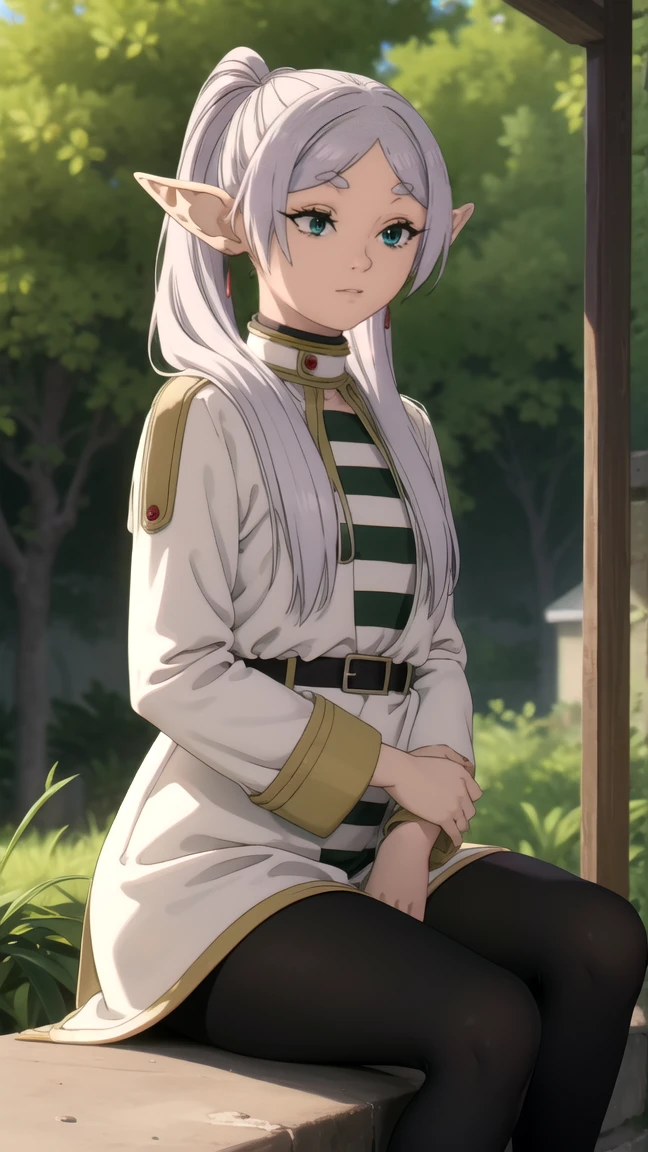 to freeze, to freeze, long hair, ponytail, (green eyes:1.5), White hair, pointed ears, elf, full length (full body 1.1.), nude, very sexy, naked, Sex pose, nude, Sex pose, close-up,
BREAK shirt, long sleeves, jewelry, Tights, earrings, striped, black Tights, lure, striped shirt,
BREAK looking at viewer, upper body, whole body,
BREAK outdoors, sky, nature,
BREAK (masterpiece:1.2), Best quality, A high resolution, unity 8k wallpaper, (illustration:0.8), (beautiful detailed eyes:1.6), very detailed face, perfect lighting, extremely detailed computer graphics, (perfect hands, Ideal Anatomy),