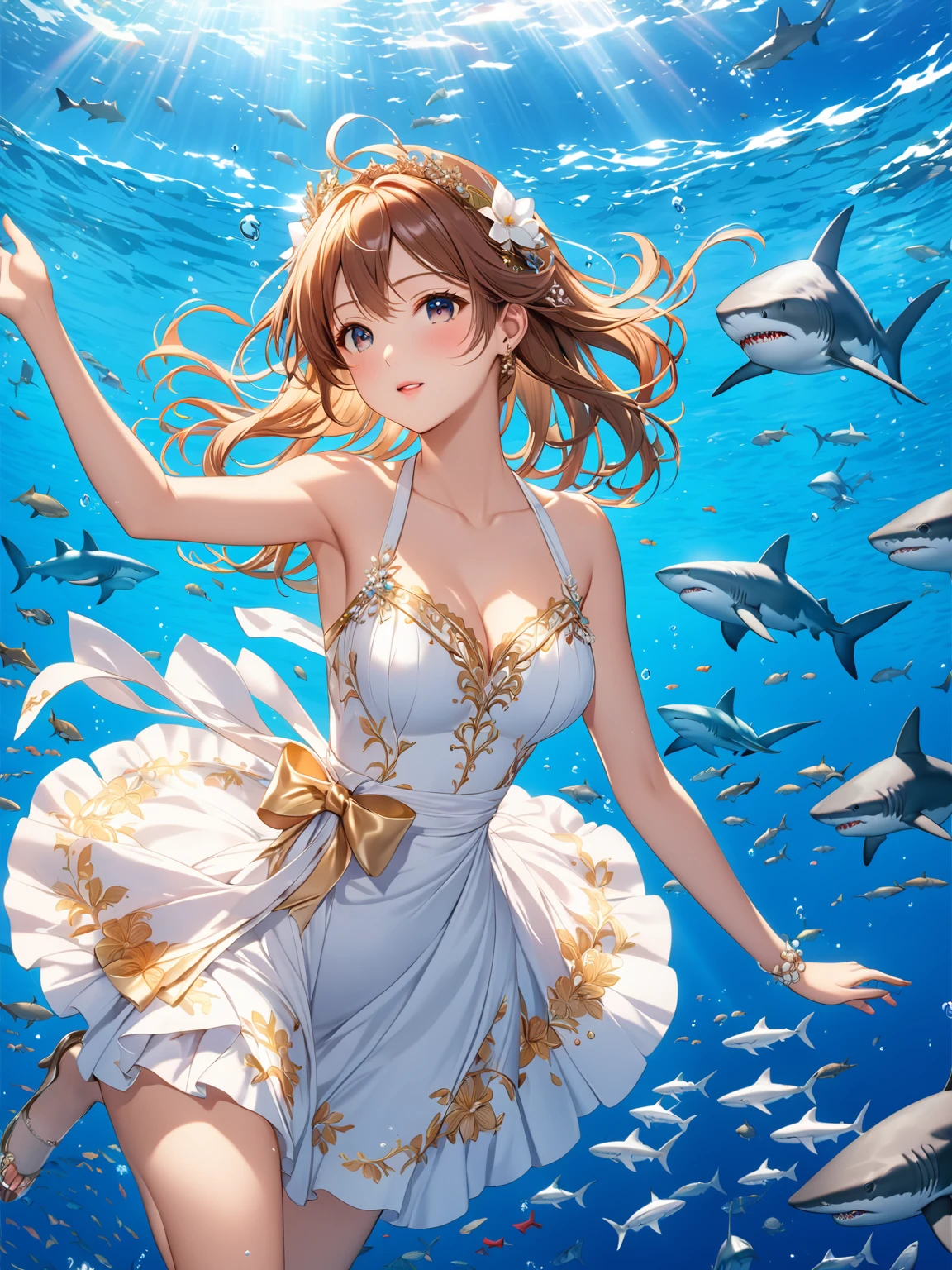  (超detailedなイラスト:1.2),Very delicate and beautiful，非常にdetailed，CG，Unity，8k wallpaper，wonderful，detailed，masterpiece，The best quality in the best condition，Official Art，非常にdetailed CG 8k Unbelievably ridiculous resolution,Beautiful and exquisite,High resolution，非常にdetailedな目と顔,Anime girl in a white dress swimming in water surrounded by sharks, Blue Water,  Goddess of the Sea