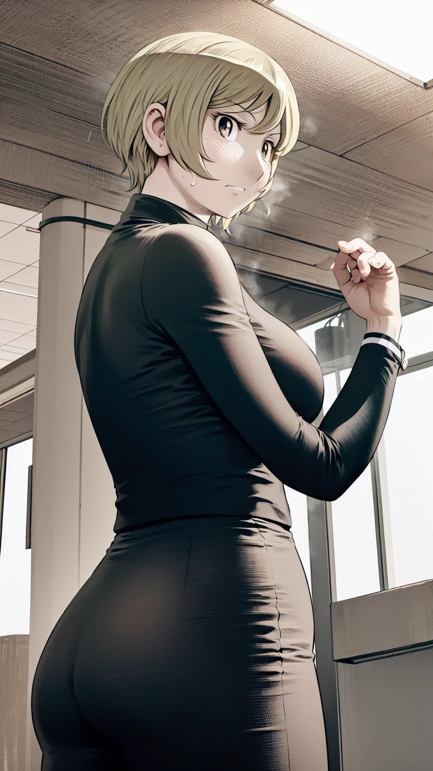 、(masterpiece、Highest quality)、Highest quality, Ultra-high resolution, (((masterpiece))), alone, Sweat、Big eyes,office、Tight white dress shirt、Tight black suit、Tight black pants、indoor、Composition from the front、(Cut the back hair short、short hair、blonde、woman)、Shortcuts、Embarrassed face、Cut your hair short、可愛いwomanの子、Big Breasts