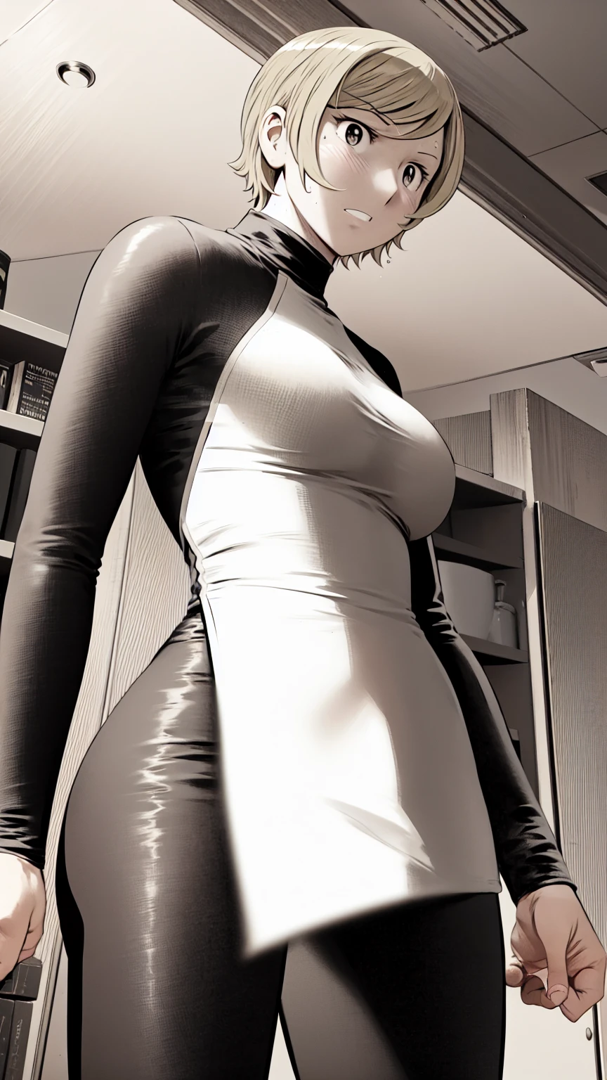 、(masterpiece、Highest quality)、Highest quality, Ultra-high resolution, (((masterpiece))), alone, Sweat、Big eyes,office、Tight white dress shirt、Tight black suit、Tight black pants、indoor、Composition from the front、（Cut the back hair short、short hair、blonde、woman）、Shortcuts、Embarrassed face、Cut your hair short、可愛いwomanの子、Big Breasts