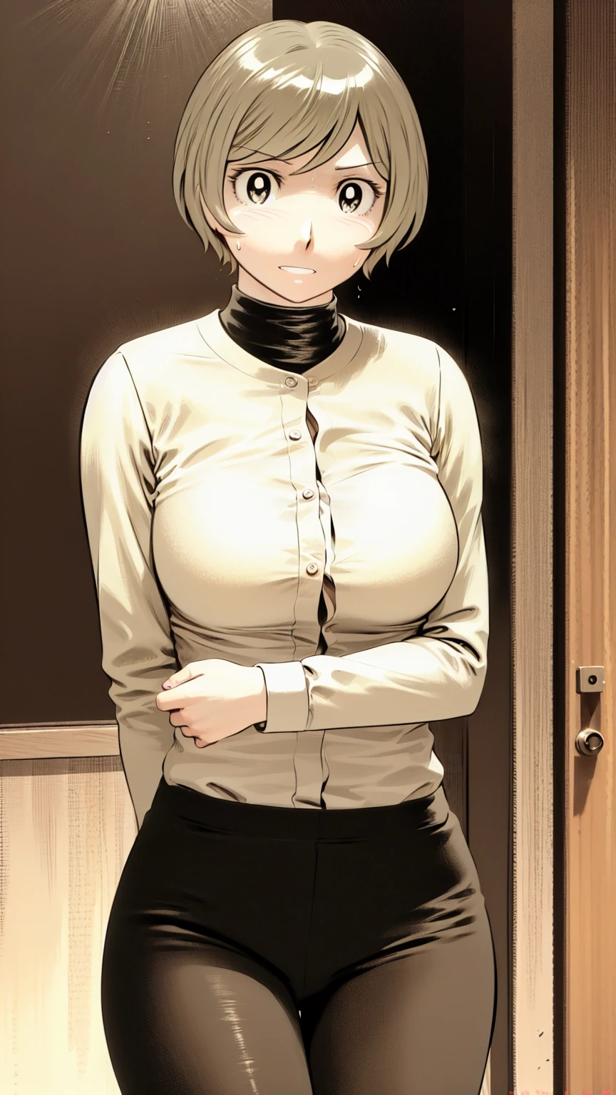 、(masterpiece、Highest quality)、Highest quality, Ultra-high resolution, (((masterpiece))), alone, Sweat、Big eyes,office、??????????? dress shirt、Tight black suit、Tight black pants、indoor、Composition from the front、(Cut the back hair short、short hair、blonde、woman)、Shortcuts、Embarrassed face、Cut your hair short、可愛いwomanの子、Big Breasts