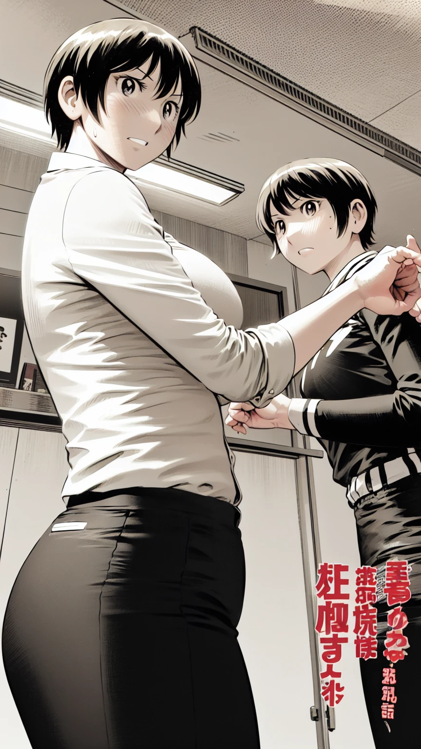 、(masterpiece、Highest quality)、Highest quality, Ultra-high resolution, (((masterpiece))), alone, Sweat、Big eyes,office、Tight white dress shirt、Tight black suit、Tight black pants、indoor、Composition from the front、(Cut the back hair short、short hair、blonde、woman)、Shortcuts、Embarrassed face、Cut your hair short、可愛いwomanの子、Big Breasts