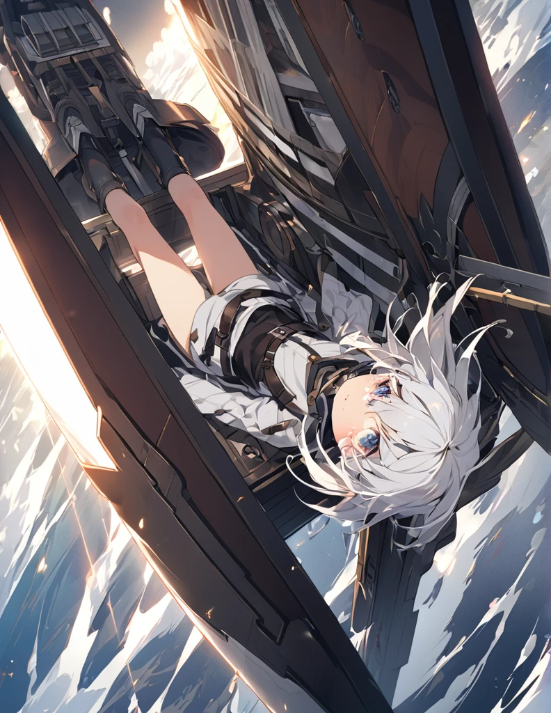 A girl with short white hair crying in the cockpit of a giant weapon
