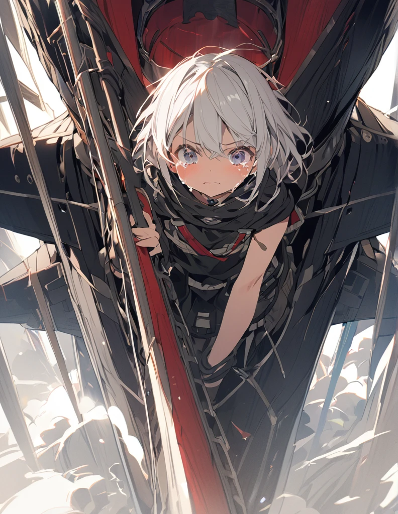 A girl with short white hair crying in the cockpit of a giant weapon