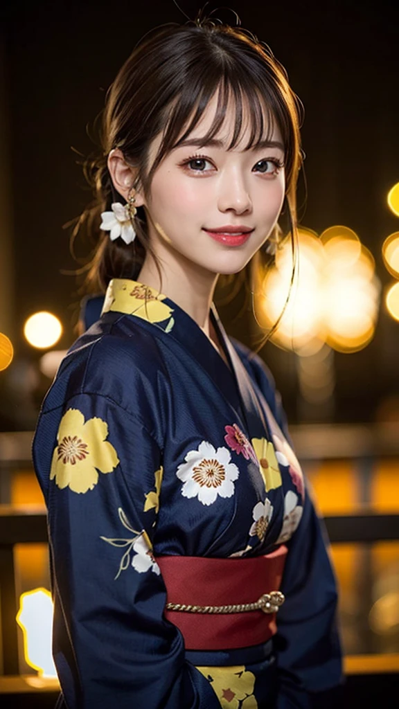 (8K、Raw photography、top-quality、masterpiece:1.2)、(realisitic、Photorealsitic:1.37)、ultra-detailliert、超A high resolution、1人、see the beholder、beautifull detailed face、A smile、Constriction、(Slim waist) :1.3)、Japanese Yukata、Beautiful detailed skin、Skin Texture、Floating hair、Professional Lighting、Fireworks Venue、Whole human body、Brown hair