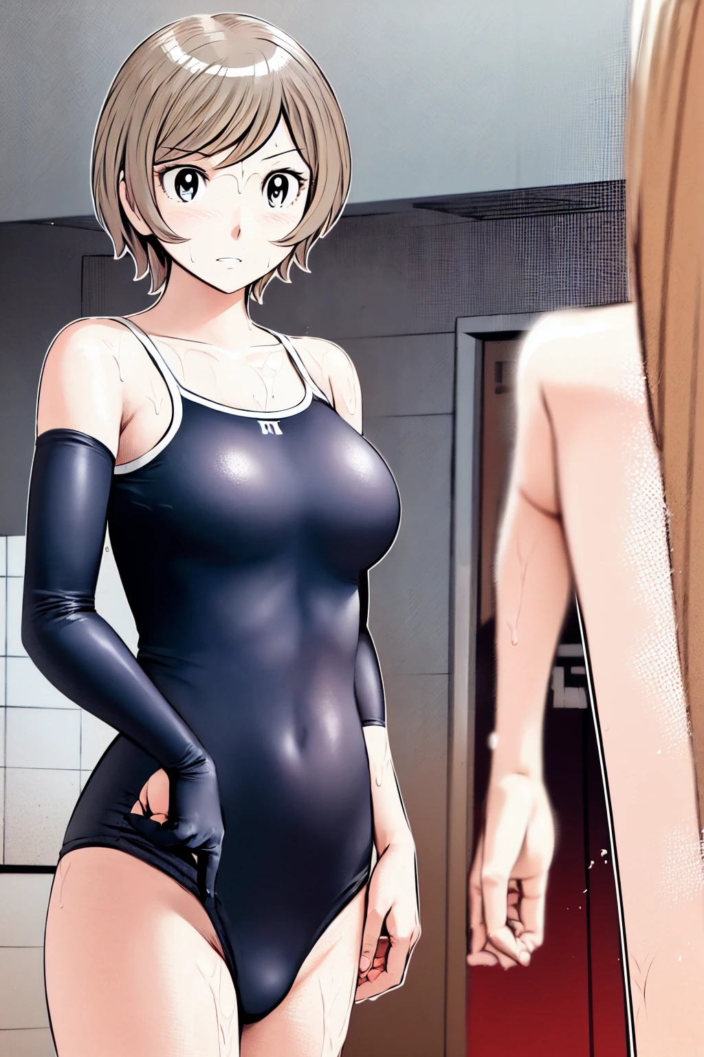 Blonde, (short hair:1.2)、((Illustration of a person))、Big Breasts、
View your viewers,, (Highest quality:1.3),blue eye star piece、Highest quality)、Highest quality, Ultra-high resolution, (((masterpiece))), alone, Sweat、Big eyes、Big Breasts、One Girl, Front view、Embarrassed face、Bronze colored hair、((short hair))、One Girl, alone, blush, Big Breasts,
Bare arms, Wet, Pool, 青いSchool Swimsuit, Thighs, Place your arms at your sides, Bare arms, Cowboy Shot, Are standing, School Swimsuit,bite、High Leg、mansuji、 exposed、Nipples、Shoulder straps fall、One side off-shoulder、Breast Exposure、Happenings