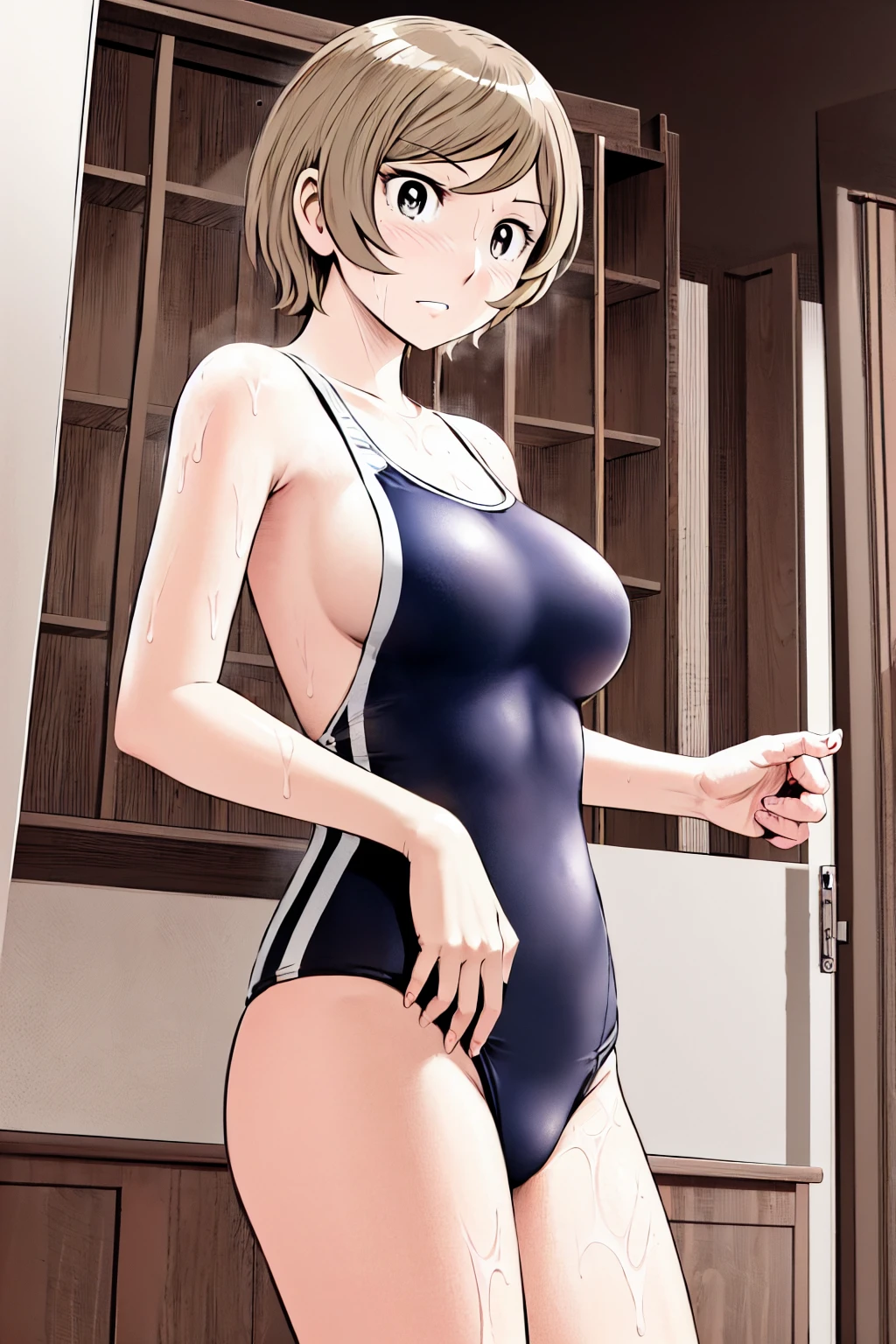 
Blonde, (short hair:1.2)、((Illustration of a person))、Big Breasts、
View your viewers,, (Highest quality:1.3),blue eye star piece、Highest quality)、Highest quality, Ultra-high resolution, (((masterpiece))), alone, Sweat、Big eyes、Big Breasts、One Girl, Front view、Embarrassed face、Bronze colored hair、((short hair))、One Girl, alone, blush, Big Breasts,
Bare arms, Wet, Pool, 青いSchool Swimsuit, Thighs, Place your arms at your sides, Bare arms, Cowboy Shot, Are standing, School Swimsuit,bite、High Leg、mansuji、 exposed、Nipples、Shoulder straps fall、One side off-shoulder、Breast Exposure、Happenings