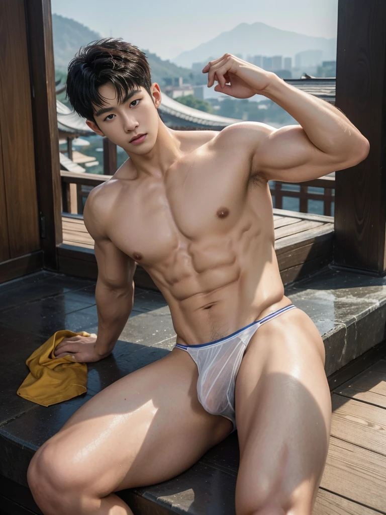 1 handsome Chinese guy,wet body, wet hair, 18-year-old male high school student,majestic,Who is Shi Yu?, Li Yuanbin, Kim Hyung Tae, Kim Hyung Tae, Yin Shishan, Handsome Chinese muscular guy,Broad shoulders and narrow waist,A handsome guy wearing white thong, wet skinny thong, transparent thong ( see through),Form-fitting fabric contours the bust, bare chest,in a buddism pagoda,buddism statues background, detailed background, hands tied behind back,Hands tied behind the back,hands tied top the head,Masculine and sexy,High,Muscles look good,manly, hairy body,Wheat complexion,black eyes(thin eyes 1:3),whole body image, bare butts, nice butts, open legs, lifted arms, sitting