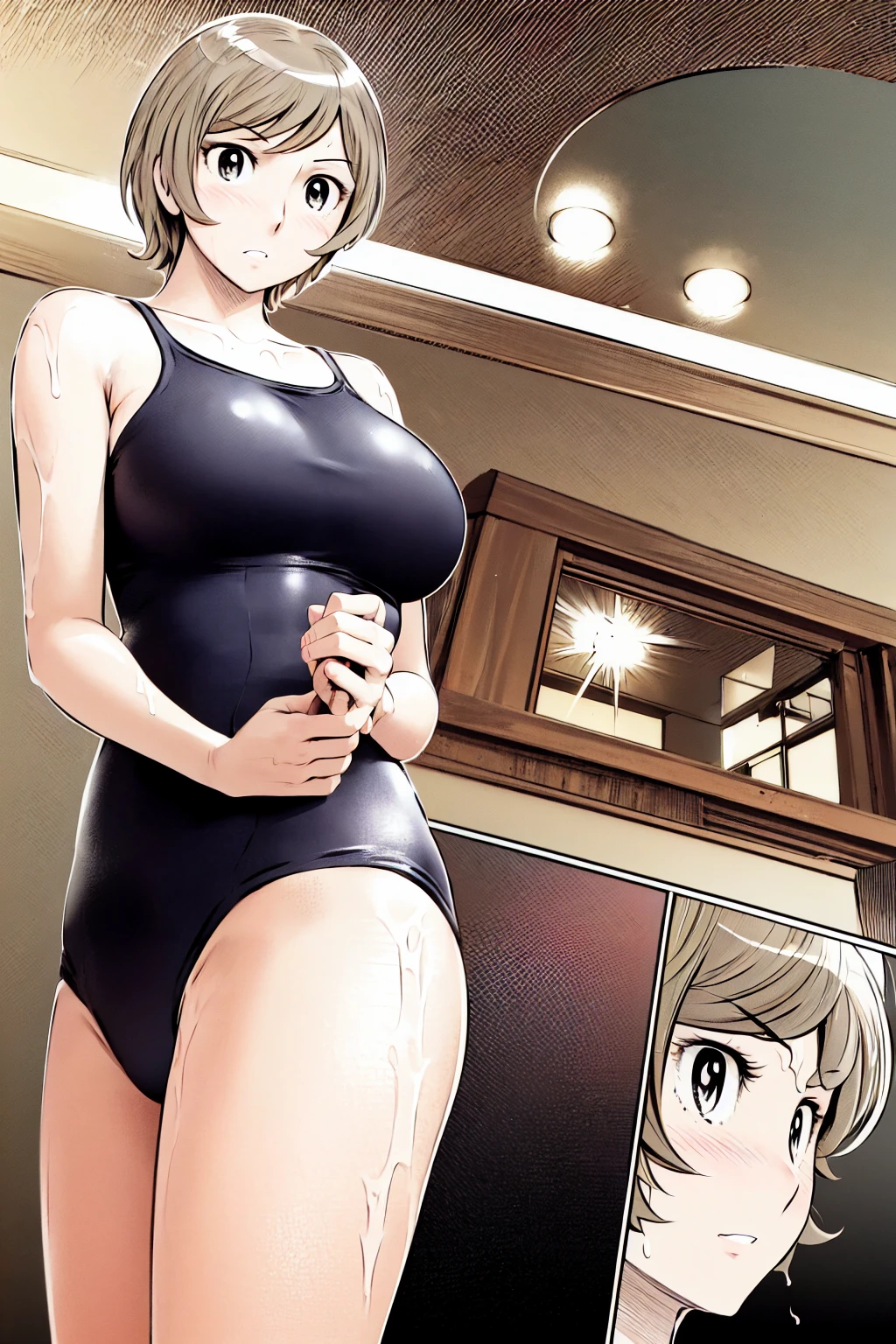 Blonde, (short hair:1.2)、((Illustration of a person))、Big Breasts、
View your viewers,, (Highest quality:1.3),blue eye star piece、Highest quality)、Highest quality, Ultra-high resolution, (((masterpiece))), alone, Sweat、Big eyes、Big Breasts、One Girl, Front view、Embarrassed face、Bronze colored hair、((short hair))、One Girl, alone, blush, Big Breasts,
Bare arms, Wet, Pool, 青いSchool Swimsuit, Thighs, Place your arms at your sides, Bare arms, Cowboy Shot, Are standing, School Swimsuit,bite、High Leg、mansuji、 exposed、Nipples、Shoulder straps fall、One side off-shoulder、Breast Exposure、Happenings