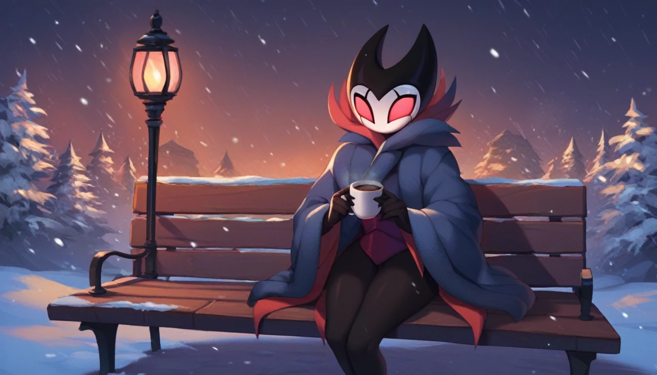 score_9, score_8_up, score_7_up, score_6_up, zPDXL2, grimm \(hollow knight\), vampire, bat, 1boy, solo, cute face, detailed eyes, anthro, clothed, landscape, looking at the viewer, highlight thighs, It's snowing outside, it's night, a lamp is on nearby, outdoor, winter coat, holding two cups of coffee in both hands, smiling, sitting on a bench, exhausted look